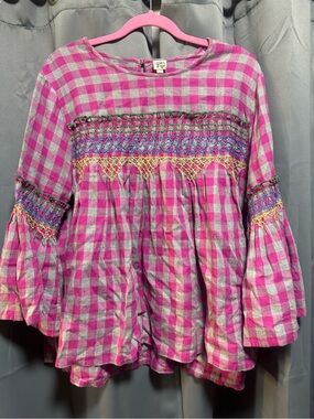 Ivy Jane Boho Smocked Plaid Peasant Top - Pink